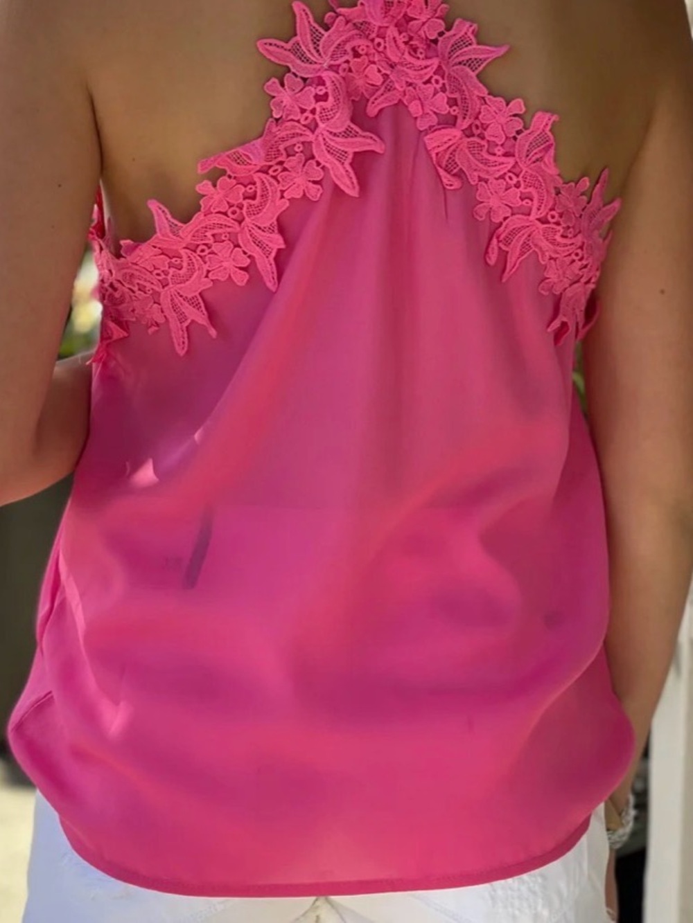 Floral Lace Trim Spaghetti Strap Cami - Hot Pink - Picture 2 of 5